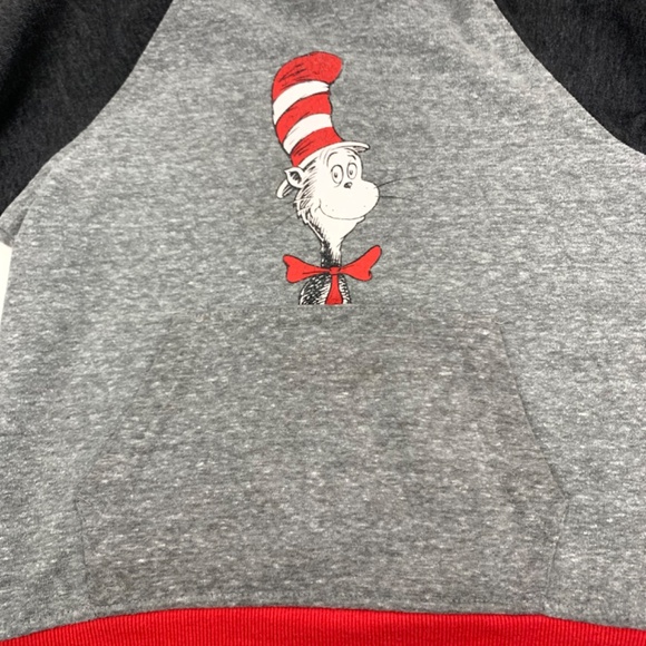 Boys /Kids Dr. Seuss Cat in the Hat raglan red grey pullover hoodie ears on hood - Picture 3 of 9